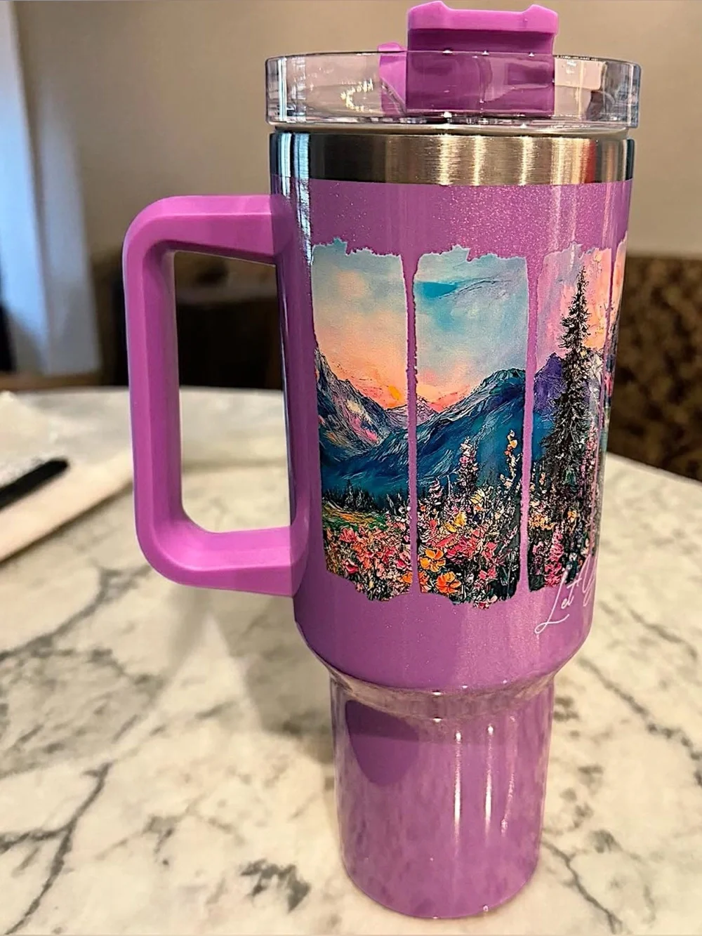 Let your faith bloom Insulated Travel Mug Mountain art stainless steel NEW w BOX